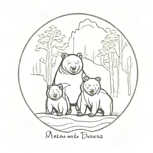 family of four bears: mom dad and two babies, in forest scene with trees and river in background tattoo design idea