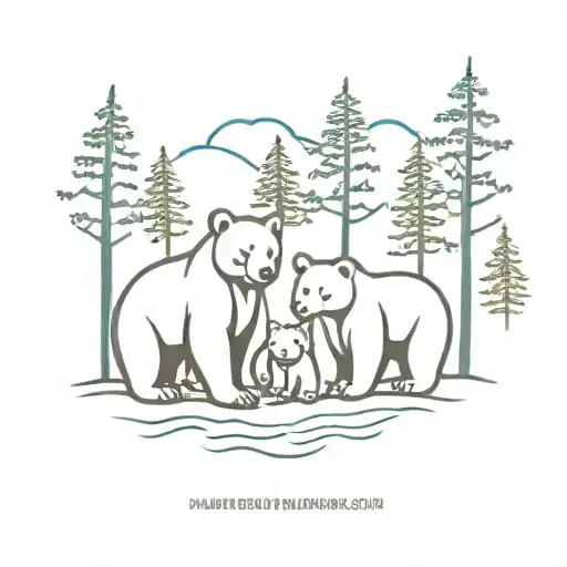family of four bears: parents and two babies, in forest scene with trees and river in background tattoo design idea
