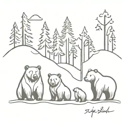 family of four bears in forest scene  tattoo design idea