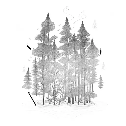 A mystical forest with a lake and fishing rods intertwined with intricate welding tools tattoo design idea