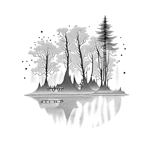 A mystical forest with a lake and fishing rods intertwined with intricate welding tools tattoo design idea