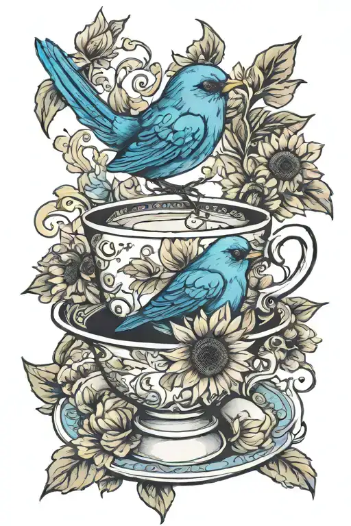 teacup blue bird sunflower incorporated tattoo design idea