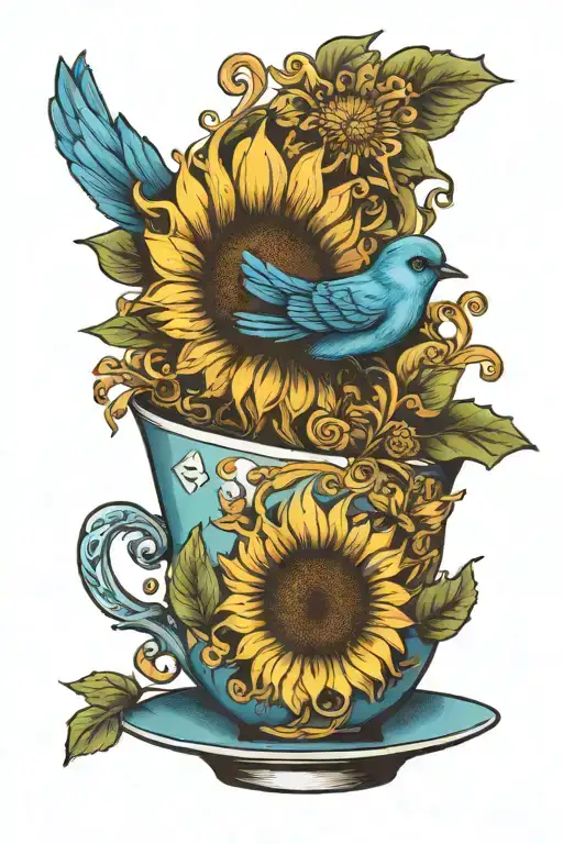 single teacup with a happy blue bird sunflower incorporated tattoo design idea