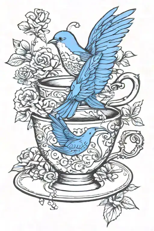 single teacup with a happy blue bird english garden flowers tattoo design idea