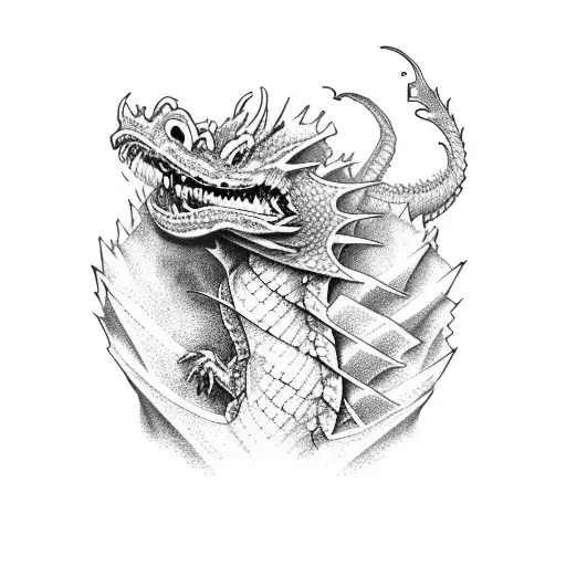 A dragon breathing fire onto a stack of books tattoo design idea