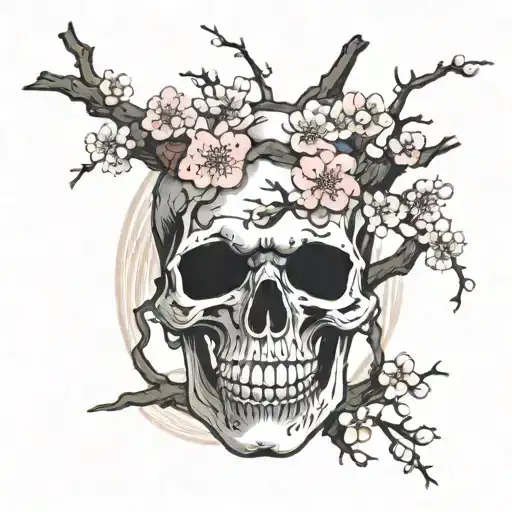 cherry blossom tree with skull that has a mask on his face tattoo design idea