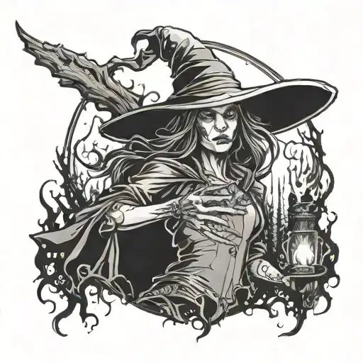 A tattoo of a malicious witch casting spells in a dark forest tattoo design idea