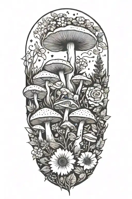 A nature-inspired sleeve tattoo featuring mushrooms, flowers, and plants found in the forest tattoo design idea