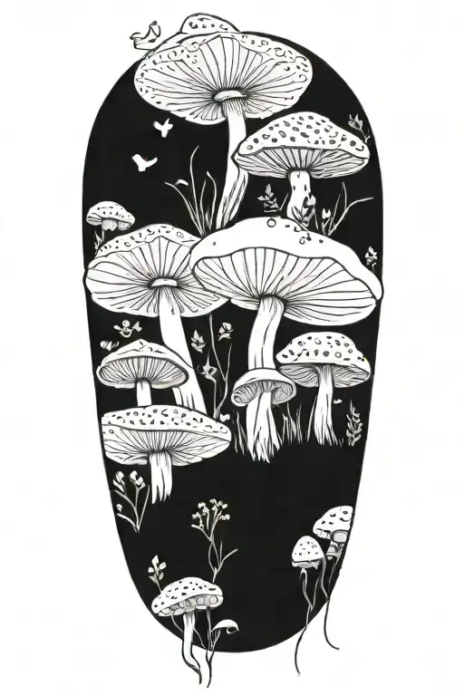 A nature-inspired sleeve tattoo featuring mushrooms, flowers, and plants found in the forest tattoo design idea