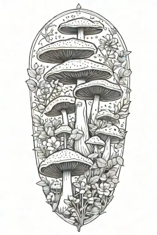 A nature-inspired sleeve tattoo featuring mushrooms, flowers, and plants found in the forest tattoo design idea