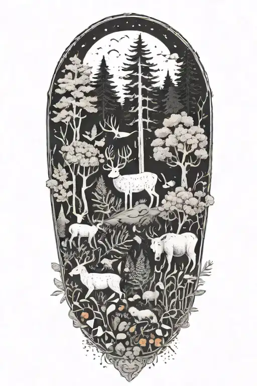 An intricate dotwork tattoo of a forest scene with various animals, bugs, and plants tattoo design idea