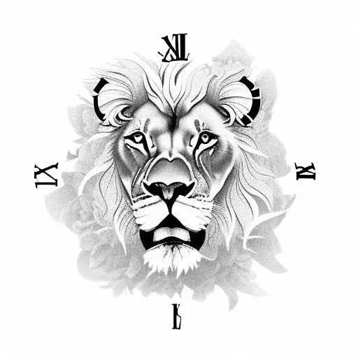 lion, flowers, clock, compass, full sleeve tattoo design idea