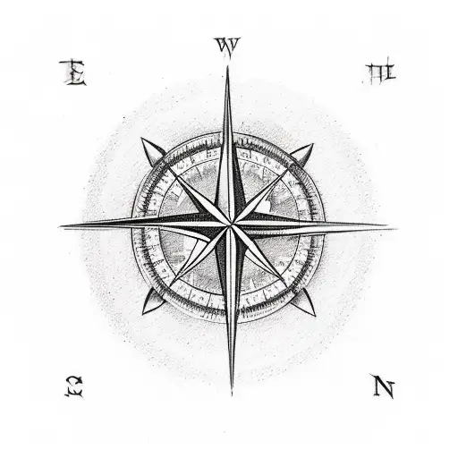 A sketch style tattoo of a compass rose with a vineyard landscape inside, reflecting your love for travel and wine tattoo design idea