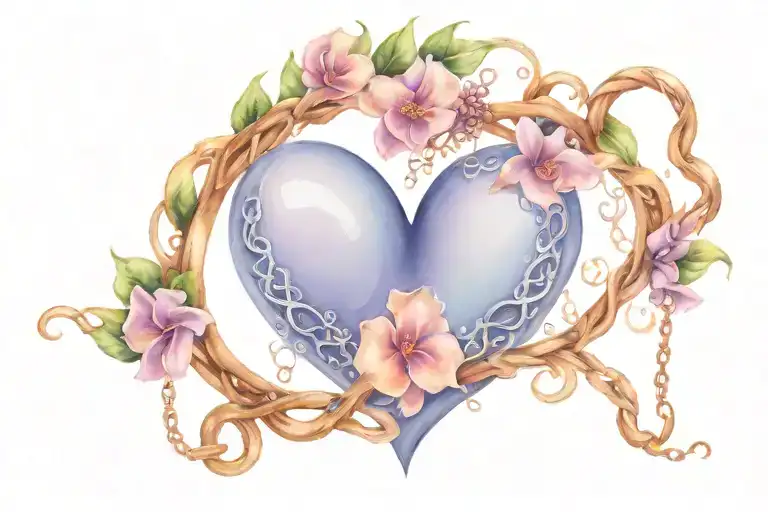 Massive womb tattoo with heart shape with flowering lilac,chains,and smaller heart patern,the tatto are covering pelvic  tattoo design idea