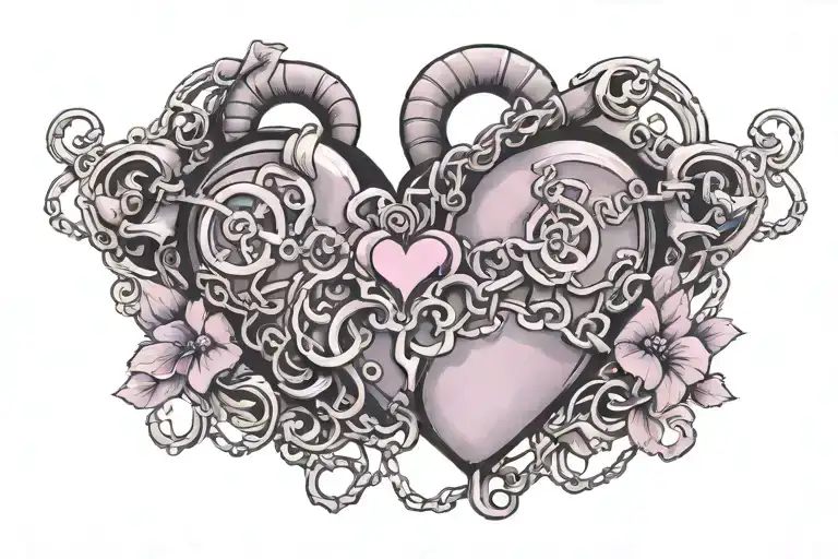 Massive womb tattoo with heart shape with lilac,chains,lock,keys and smaller heart patern,the tatto are covering pelvic  tattoo design idea