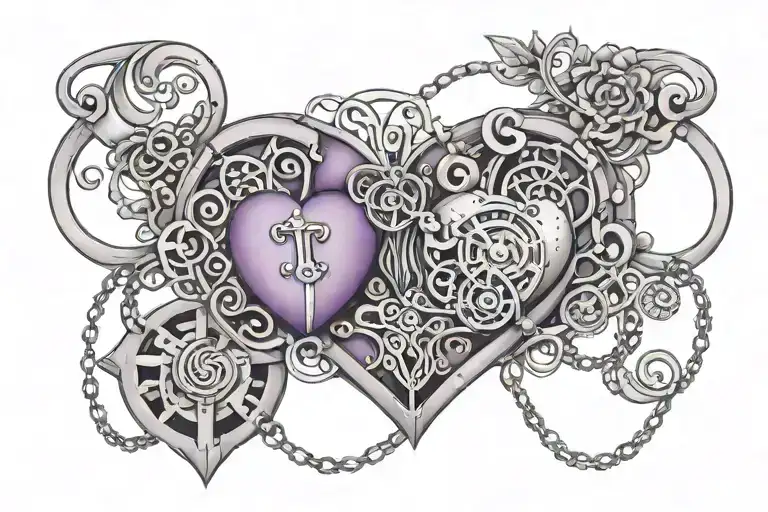 Massive womb tattoo with heart shape with lilac,chains,lock,keys and smaller heart patern,the tatto are covering pelvic  tattoo design idea