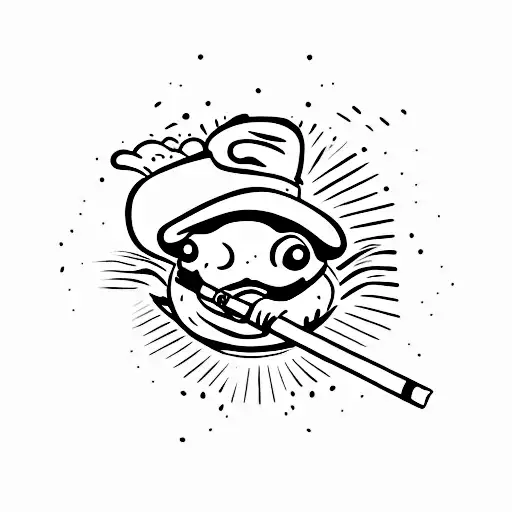 a Japanese toad with a smoking pipe, a straw hat tilted forward and katanas tattoo design idea
