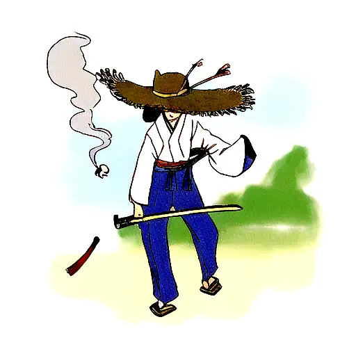 a Japanese toad with a smoking pipe, a straw hat tilted forward and katanas tattoo design idea