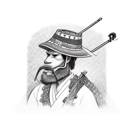 sketch for tattoo of a toad in a straw hat, with a smoking pipe and a katana pipe, in a samurai mask, black and white, s tattoo design idea