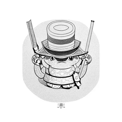 a Japanese toad with a smoking pipe, a straw hat tilted forward and katanas tattoo design idea