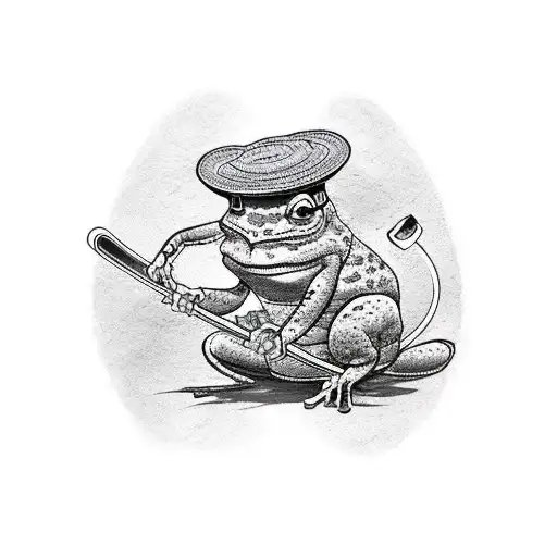 a Japanese toad with a smoking pipe, a straw hat tilted forward and katanas tattoo design idea