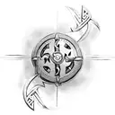 black image to tattoo on the back with a Viking theme, with boat, warriors, Norse runes, axes and Viking shields tattoo design idea