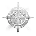 black image to tattoo on the back with a Viking theme, with boat, warriors, Norse runes, axes and Viking shields tattoo design idea