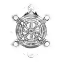 black image to tattoo on the back with a Viking theme, with boat, warriors, Norse runes, axes and Viking shields tattoo design idea