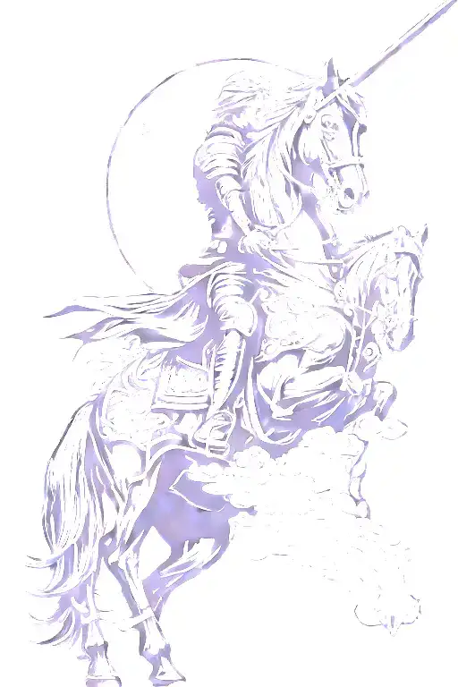 A knight rider on a horse raises a sword in his hand, background black sun tattoo design idea