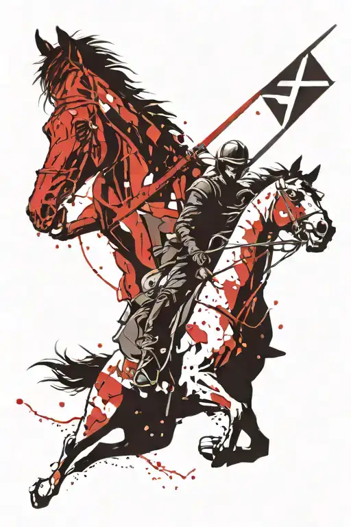 A knight rider on a horse raises a sword in his hand, background black sun tattoo design idea