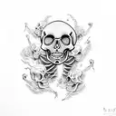 skeleton dancing on skulls tattoo design idea