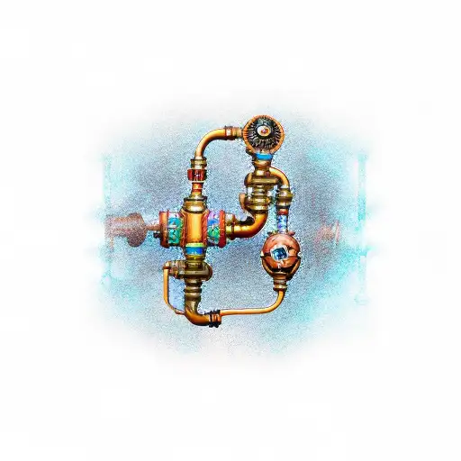 Steam punk themed pipes connected to muscles, semi under water tattoo design idea