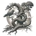 yggdrasil with crows and uroboros snake coiled tattoo design idea