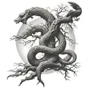 yggdrasil with crows and uroboros snake coiled tattoo design idea