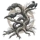 yggdrasil with crows and uroboros snake coiled tattoo design idea