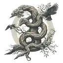 yggdrasil with crows and uroboros snake coiled tattoo design idea