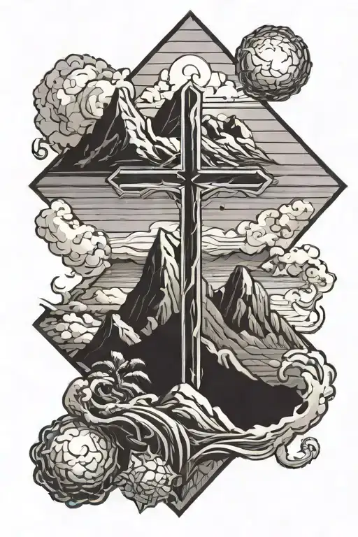 cross and mountains inside tattoo design idea
