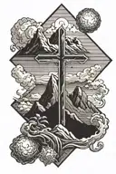 cross and mountains inside tattoo design idea