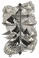 cross and mountains inside tattoo design idea