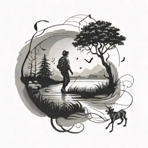 Illustrate a serene scene of a person walking in nature, with musical notes floating around them tattoo design idea