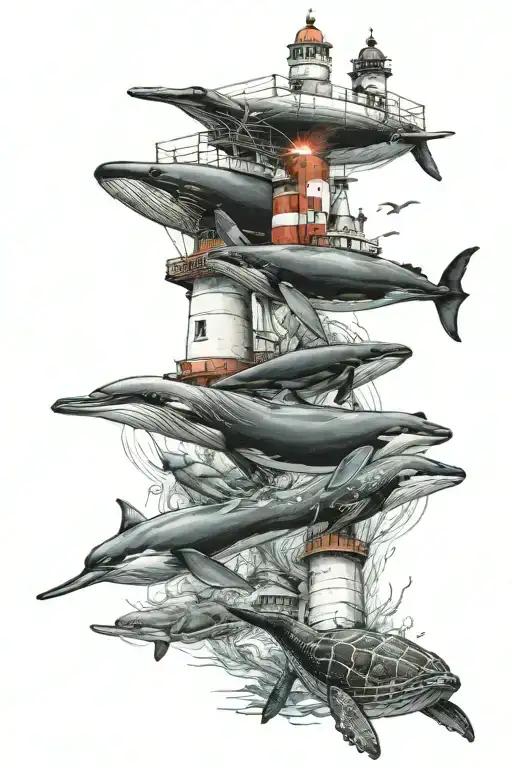 whales dolphins lighthouse turtles tattoo design idea
