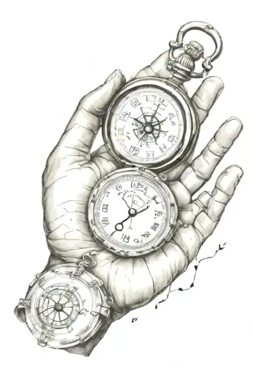 baby hand print with compass and pocket watch tattoo design idea
