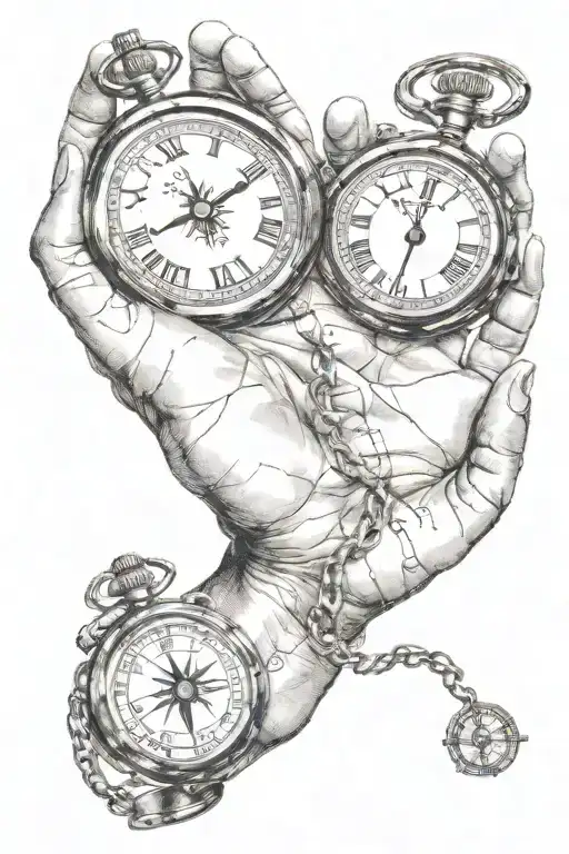 baby hand print with compass and pocket watch tattoo design idea