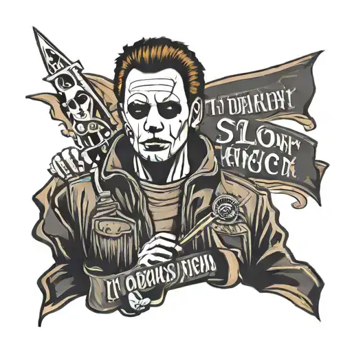 Michael myers portrait with a banner that says "it doesn't matter how slow you go, as long as you don't stop" tattoo design idea