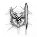 Brotherhood, with symbols of a sword representing loyalty, a cross to represent trust, a raven to respect and a rose to  tattoo design idea