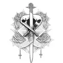 Brotherhood, with symbols of a sword representing loyalty, a cross to represent trust, a raven to respect and a rose to  tattoo design idea