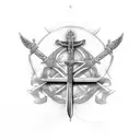 Brotherhood, with symbols of a sword representing loyalty, a cross to represent trust, a raven to respect and a rose to  tattoo design idea