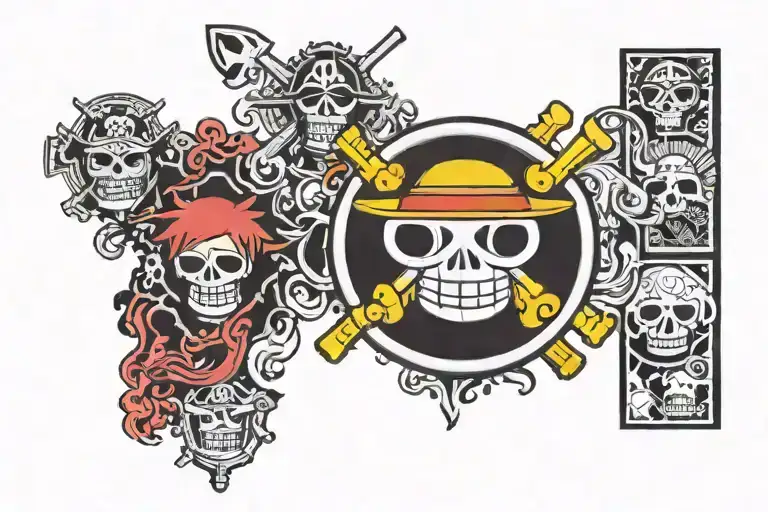 ONE PIECE ANIME LOGO, SMALL SIZED, BLACK AND WHITE, WITH SOME HORIZONTAL BACKGROUND TO MAKE IT LESS PLAIN, MAKE THE BACK tattoo design idea