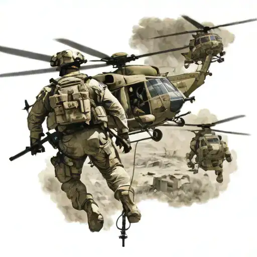 u.s army helicopters with soldiers rappelling into combat in Iraq  tattoo design idea