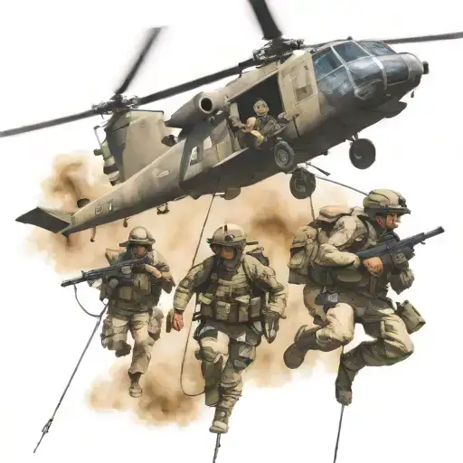 u.s army helicopters with soldiers rappelling into combat in Iraq  tattoo design idea